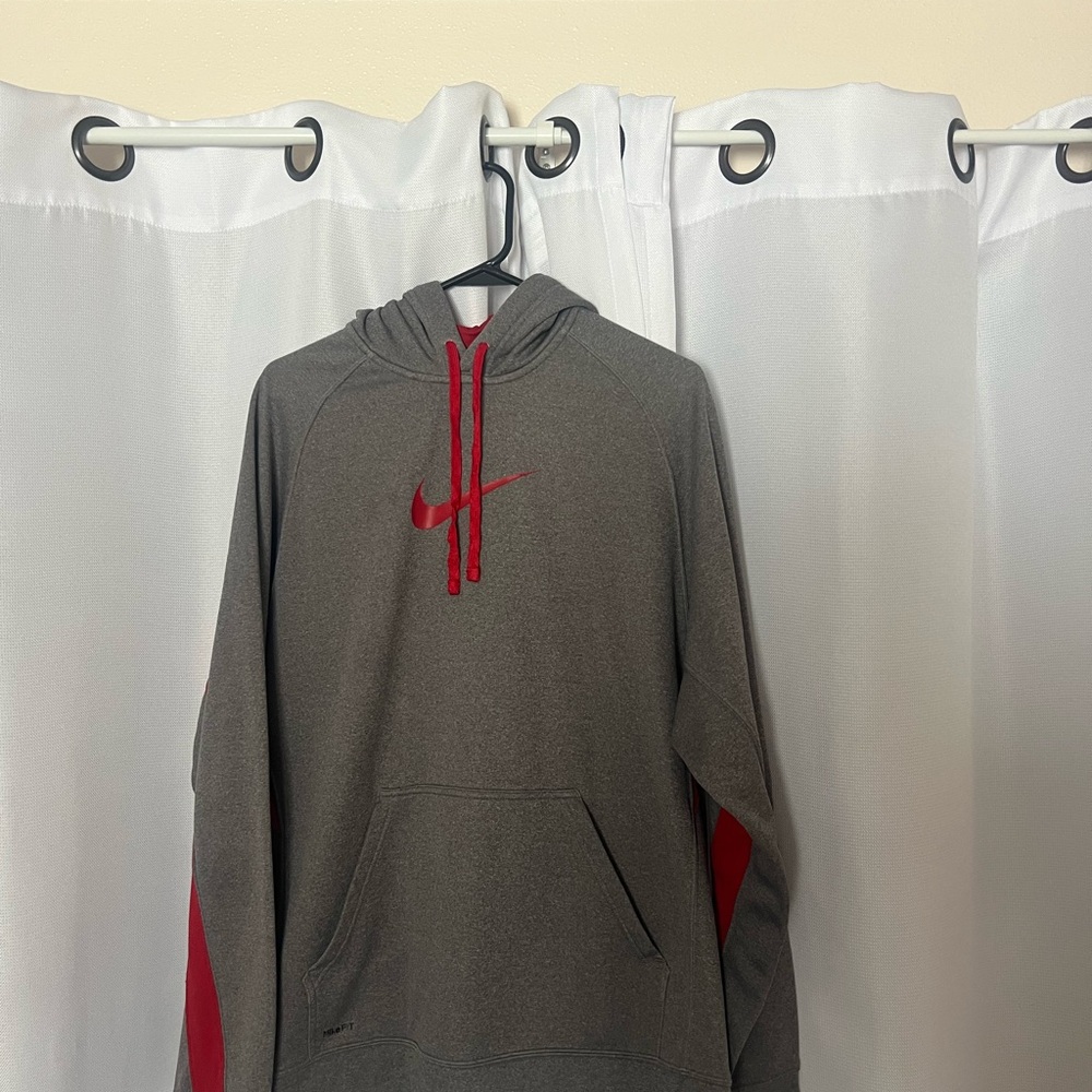 Nike Gray and Red Hooded Sweater with Bold Accents
